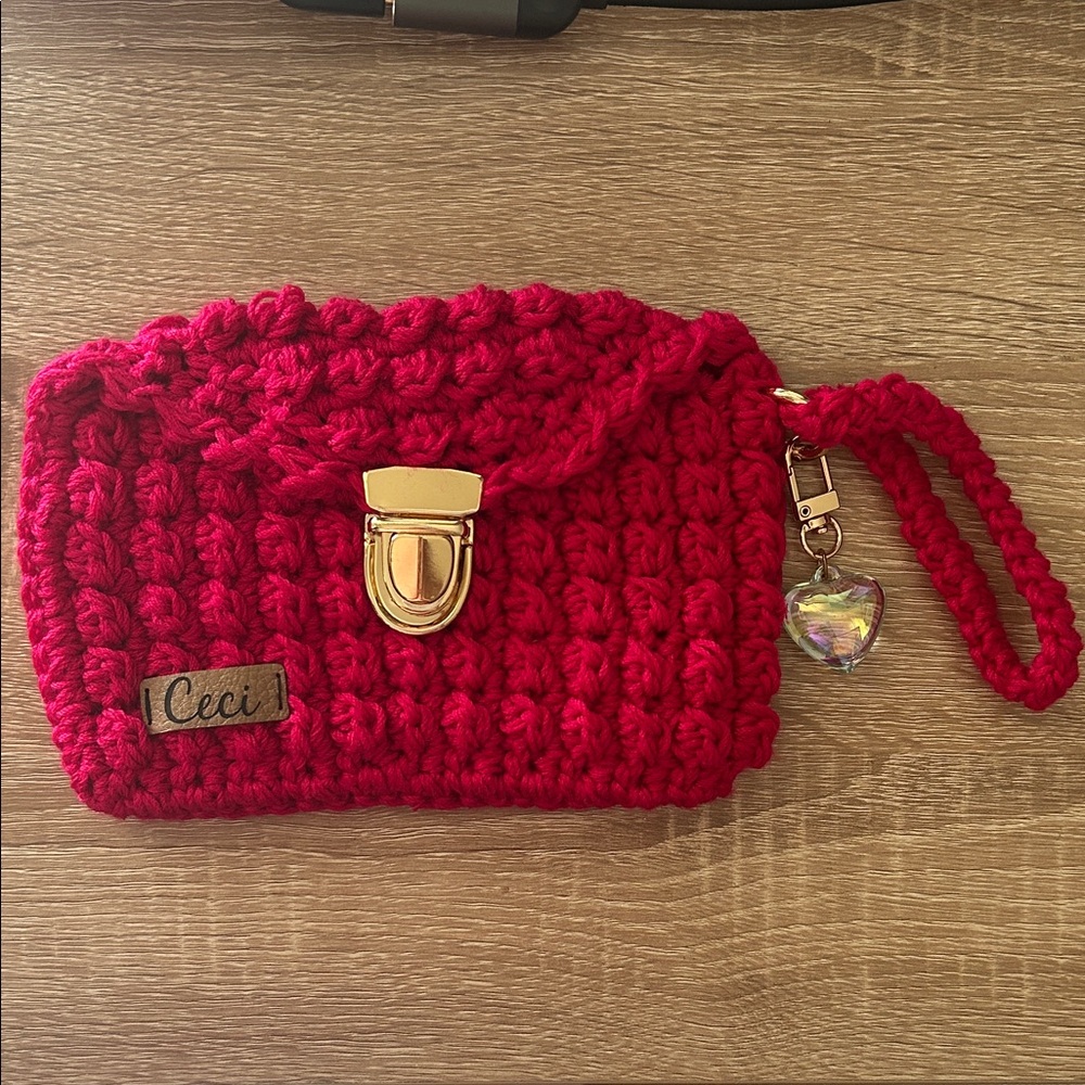 Ceci Hot Pink Crochet Wristlet with Heart Charm